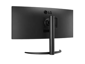 LG 34WP65C-B UltraWide Monitor hátulnézetben enyhén balra fordítva, talpon.