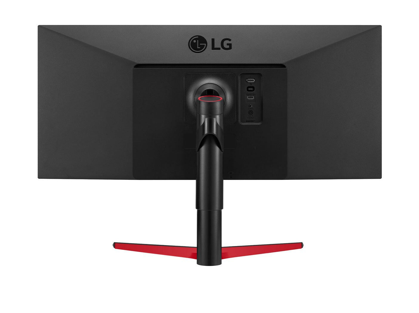 LG 34WP65G-B Monitor hátulnézetben, talpon.