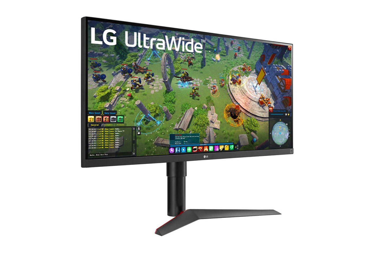 LG 34WP65G-B Monitor előlnézetben jobbra fordítva, talpon. A kijelzőn mmo rpg játék és lg ultrawide logó.