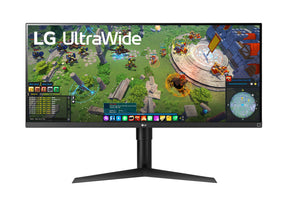 LG 34WP65G-B Monitor előlnézetben, talpon. A kijelzőn mmo rpg játék és lg ultrawide logó.