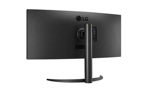 LG 34WP75C-B UltraWide Monitor hátulnézetben enyhén balra fordítva, talpon.