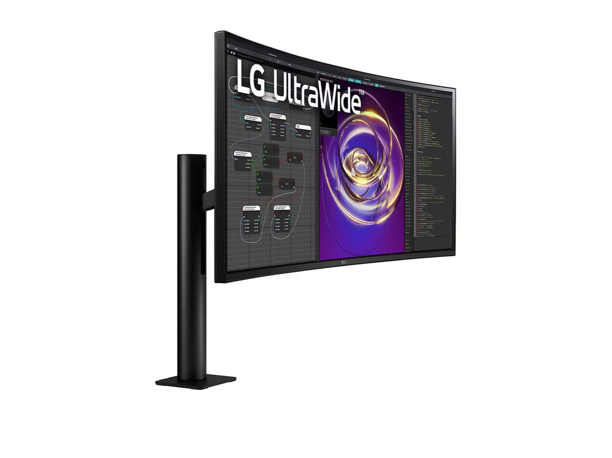LG 34WP88C-B UltraWide Ergo monitor jobbra fordítva, állványra szerelve.