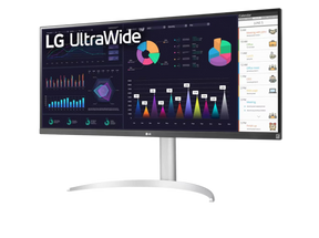 LG 34WQ650-W Monitor előlnézetben enyhén balra fordítva, talpon. A kijelzőn diagramok, naptár és lg ultrawide logó.