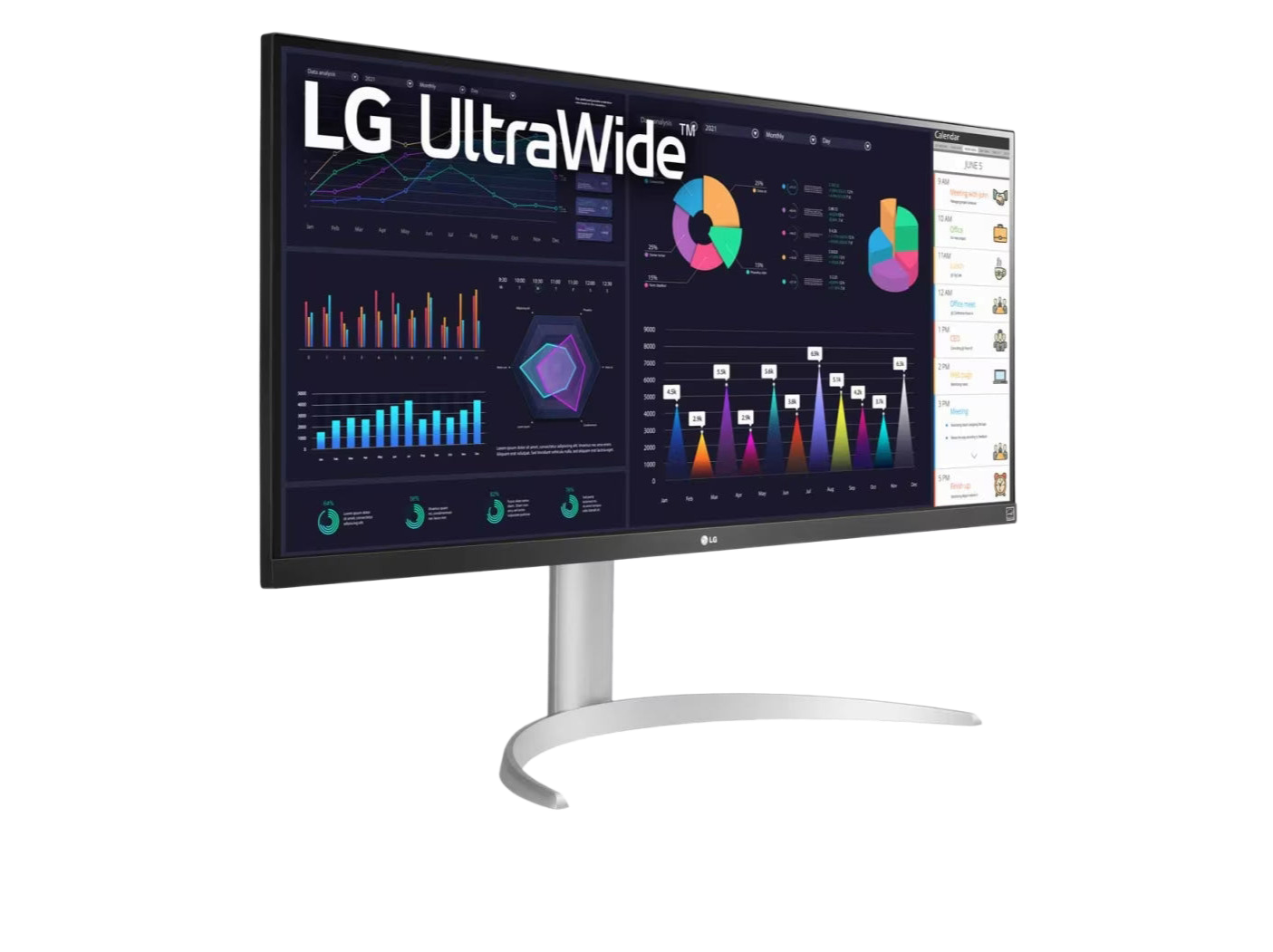 LG 34WQ650-W Monitor előlnézetben jobbra fordítva, talpon. A kijelzőn diagramok, naptár és lg ultrawide logó.