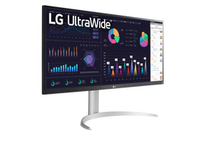 LG 34WQ650-W Monitor előlnézetben jobbra fordítva, talpon. A kijelzőn diagramok, naptár és lg ultrawide logó.