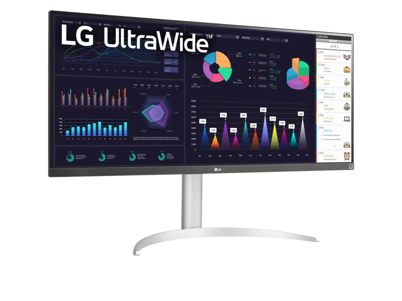 LG 34WQ650-W Monitor előlnézetben enyhén jobbra fordítva, talpon. A kijelzőn diagramok, naptár és lg ultrawide logó.