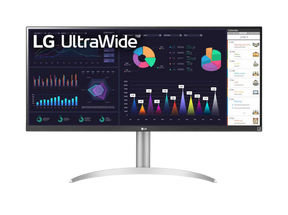 LG 34WQ650-W Monitor előlnézetben, talpon. A kijelzőn diagramok, naptár és lg ultrawide logó.