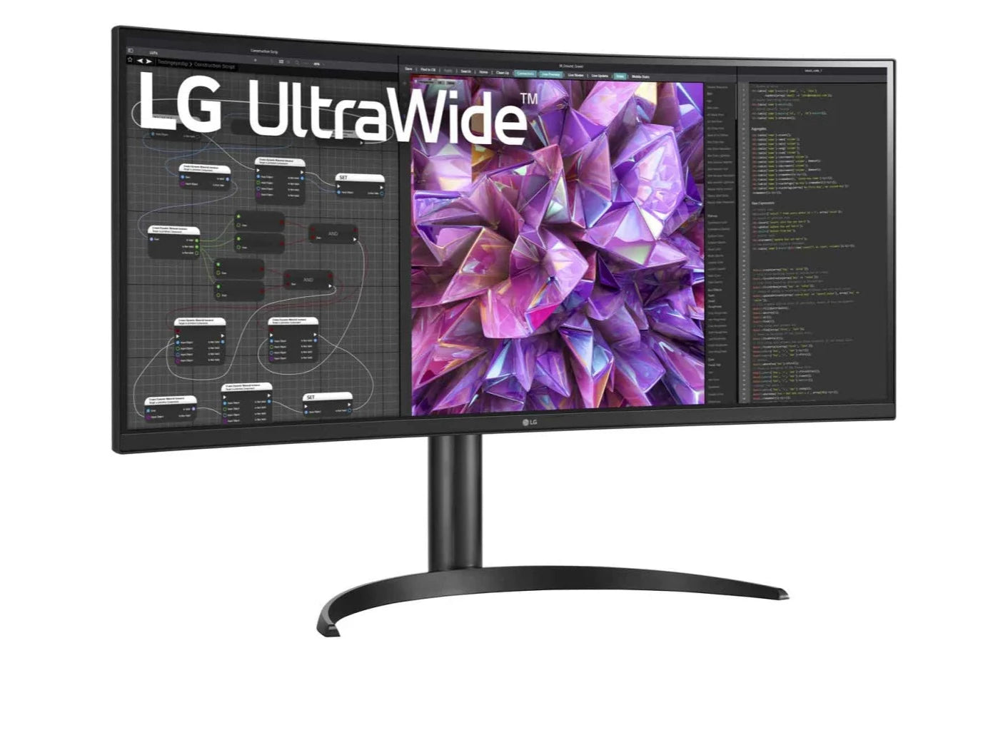LG 34WQ75C-B Monitor előlnézetben enyhén jobbra fordítva, talpon. A kijelzőn webfejlesztés és lg ultrawide logó.