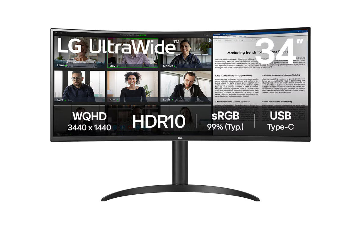 LG 34WR55QK-B Monitor előlnézetben talpon. A kijelzőn team meeting és szövegszerekesztés munkamenet.