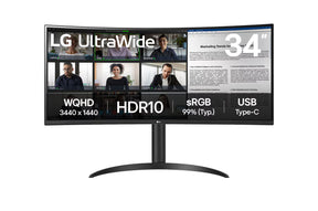 LG 34WR55QK-B Monitor előlnézetben talpon. A kijelzőn team meeting és szövegszerekesztés munkamenet.