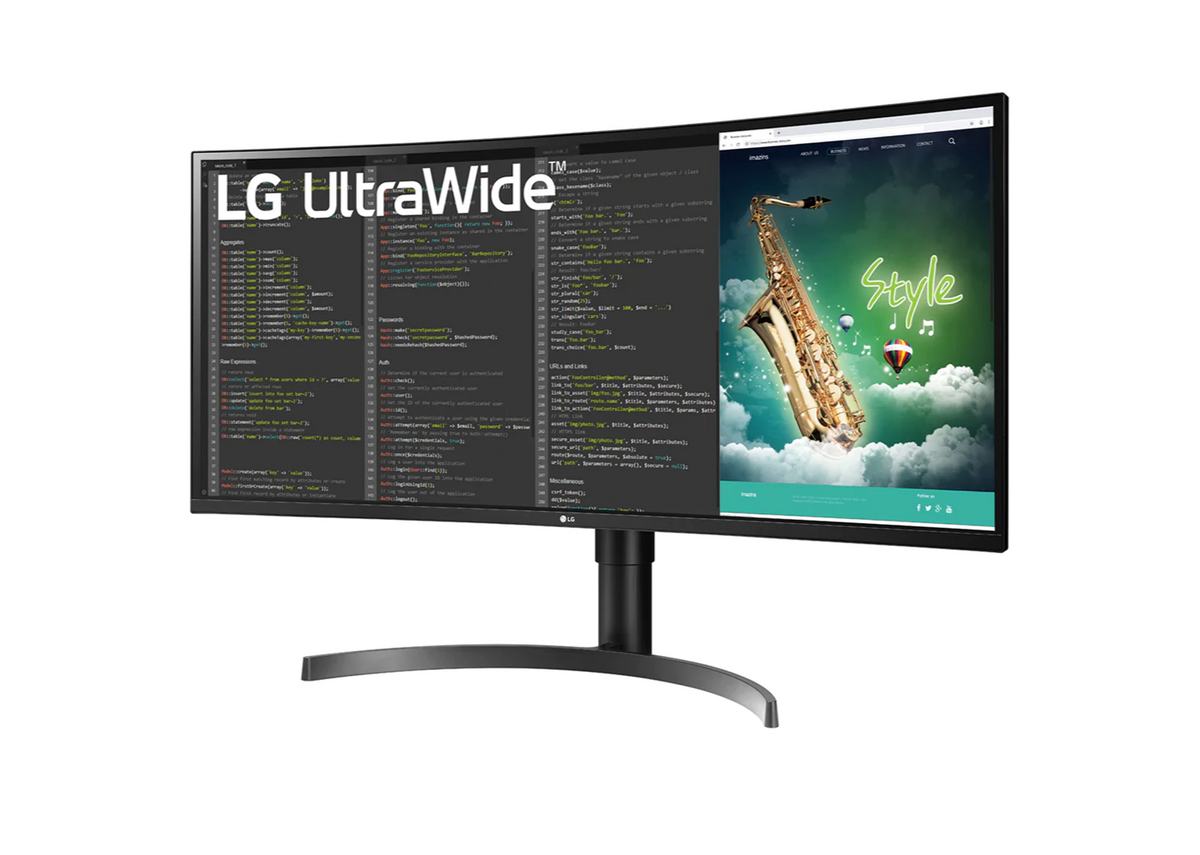 LG 35W75CN-B Monitor előlnézetben enyhén balra fordítva, talpon. A kijelzőn web coding és lg ultrawide logó.