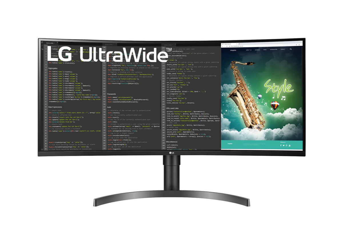 LG 35W75CN-B Monitor előlnézetben, talpon. A kijelzőn web coding és lg ultrawide logó.