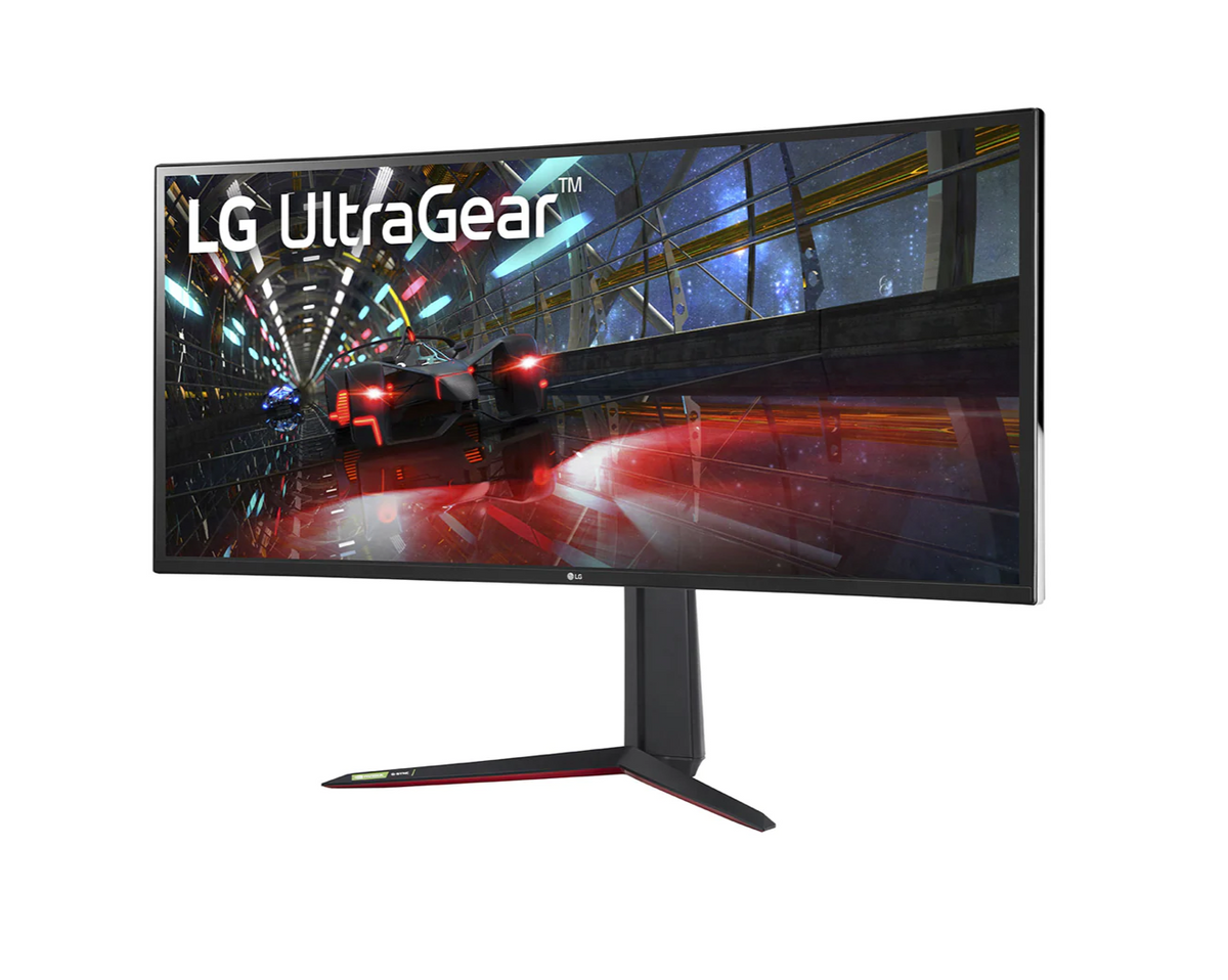 LG 38" Ívelt UltraGear 2K WQHD+ 160Hz 1ms Nano IPS Gamer Monitor előlnézet enyhén balra fordítva, 38GN950P-B