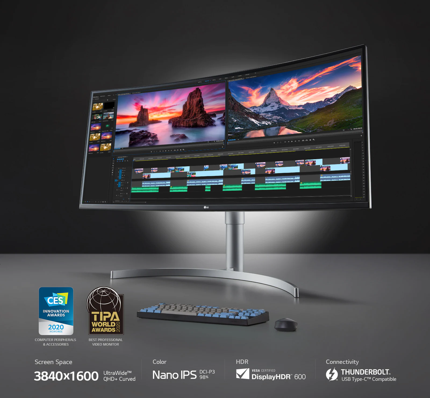 A hatalmas 38" díjnyertes WN95C UltraWide monitor Nano IPS kijelzővel, DisplayHDR 600 tanusítvánnyal és ThunderBolt 3 csatlakozással mellett eltörpül a billentyűzet
