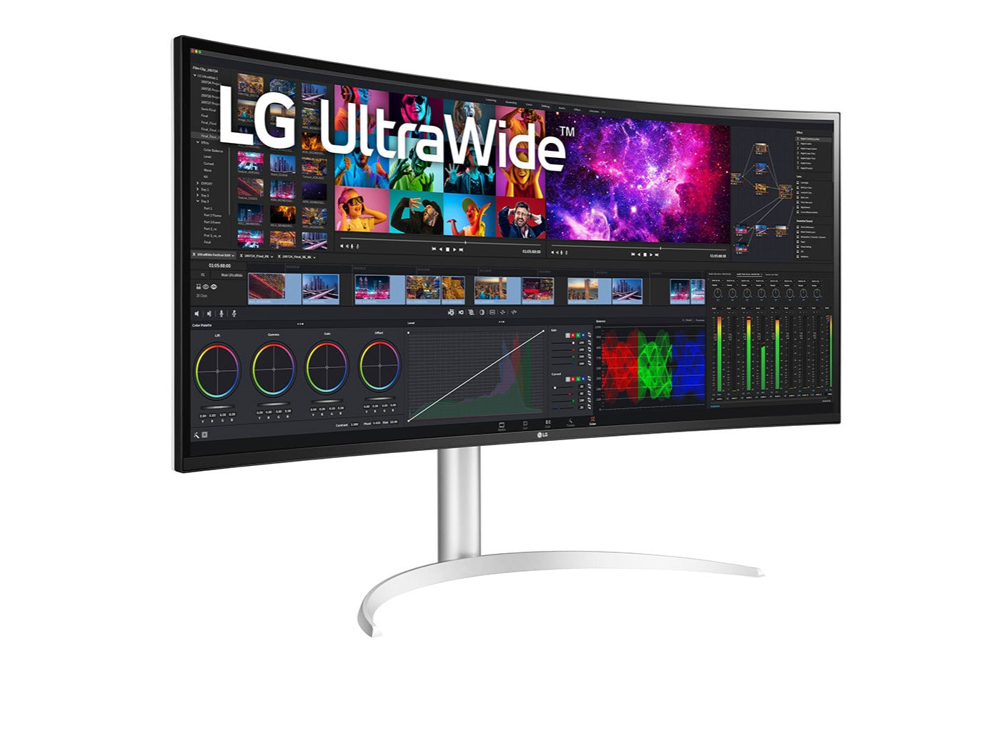 LG 40WP95C-W monitor előlnézetben jobbra fordítva talpon. A kijelzőn videószerkesztő program pillanatkép és lg ultrawide logó.