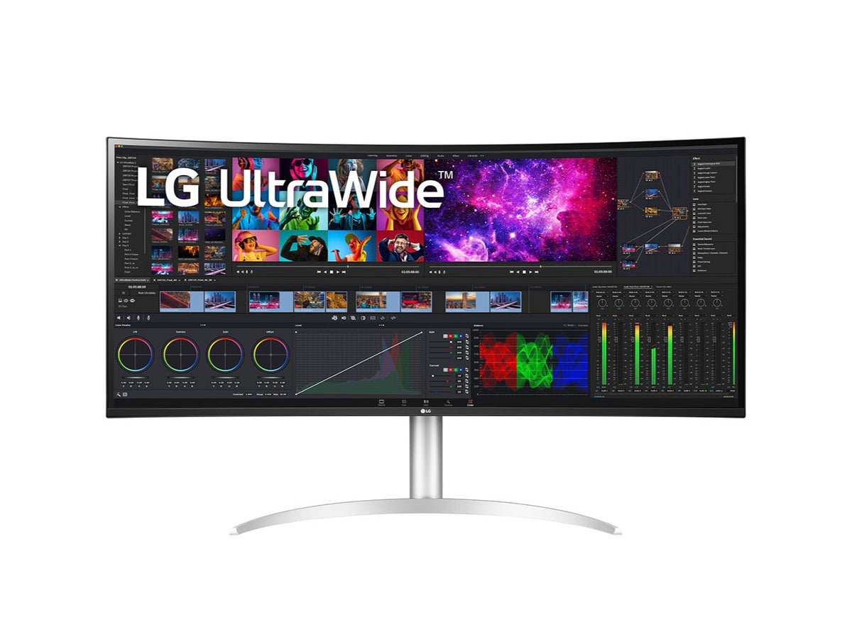 LG 40WP95C-W monitor előlnézetben talpon. A kijelzőn videószerkesztő program pillanatkép és lg ultrawide logó.