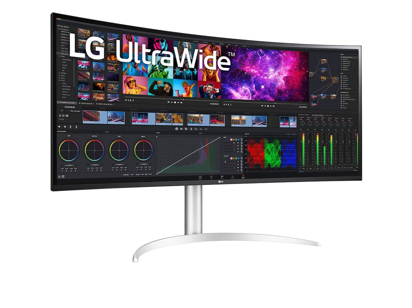 LG 40WP95XP-W monitor előlnézetben enyhén jobbra fordítva talpon. A kijelzőn videószerkesztő program pillanatkép és lg ultrawide logó.