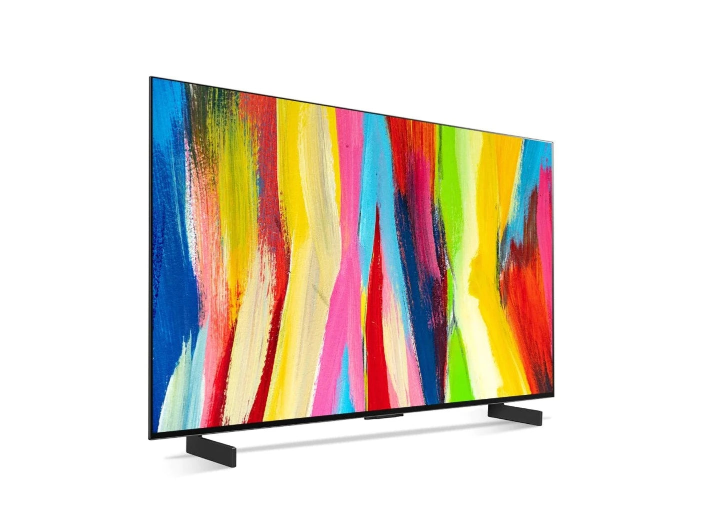 LG 42C2 OLED EVO televízió előlnézetben jobbra fordítva talpon, a kijelzőn színes festmény.