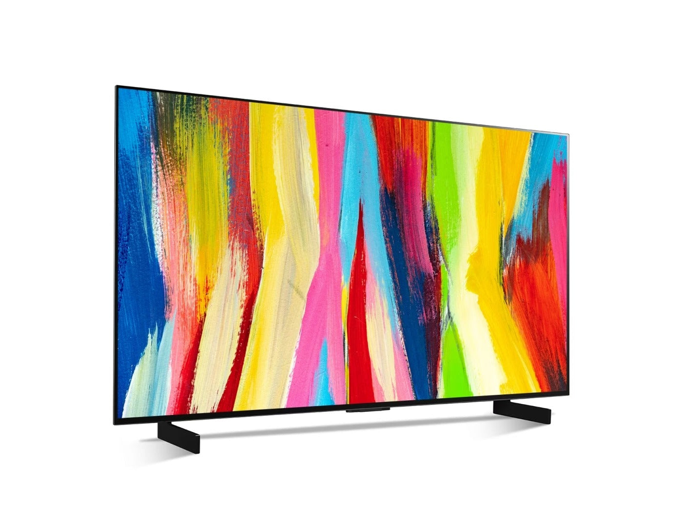 LG 42C2 OLED EVO televízió előlnézetben enyhén jobbra fordítva talpon, a kijelzőn színes festmény.