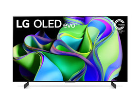 LG 42C3 oled evo televízió talpon előlnézetben, kékes zöld árnyalatú absztrakt ábra és 10 éves az lg oled evo logó a kijelzőn