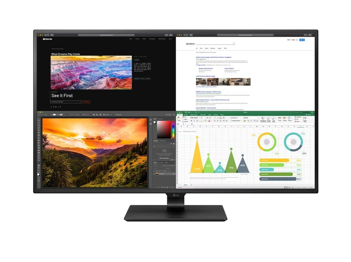 LG 43BN70U-B 4K IPS Monitor előlnézetben talpra szerelve, a képernyő 4 részre osztva jelenít meg excellt, photoshop applikációkat és weboldalakat.