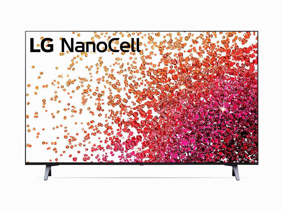 LG 43NANO753PA 4K Smart TV előlnézetben, talpon. A kijelzőn sárgás piros ékkövek szétszórva és lg nanocell logó.
