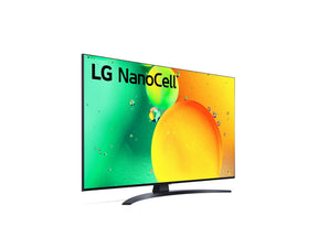 LG 43NANO763QA 4K NanoCell Smart TV előlnézetben jobbra fordítva, talpon. A kijelzőn zöld-sárga folyadék keveredik és lg nanocell logó.