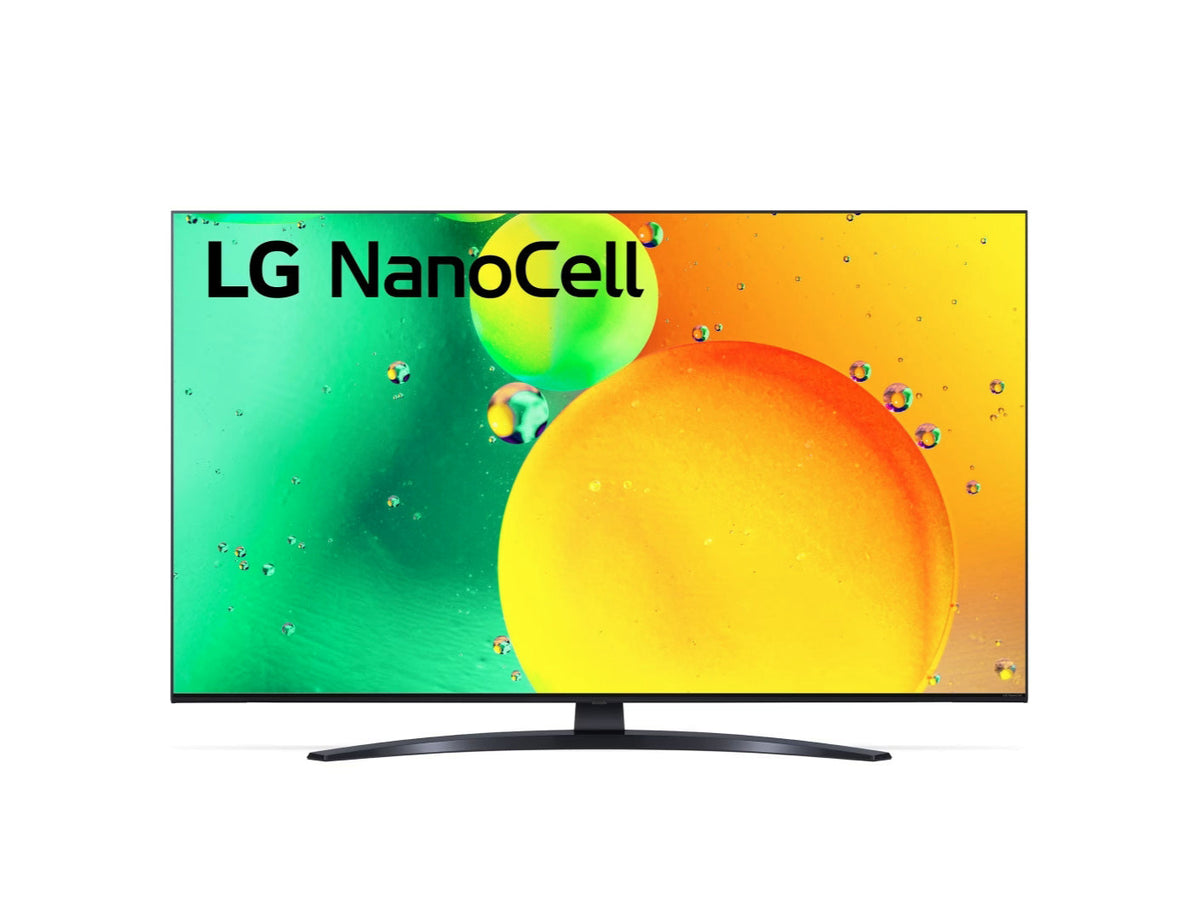 LG 43NANO763QA 4K NanoCell Smart TV előlnézetben, talpon. A kijelzőn zöld-sárga folyadék keveredik és lg nanocell logó.