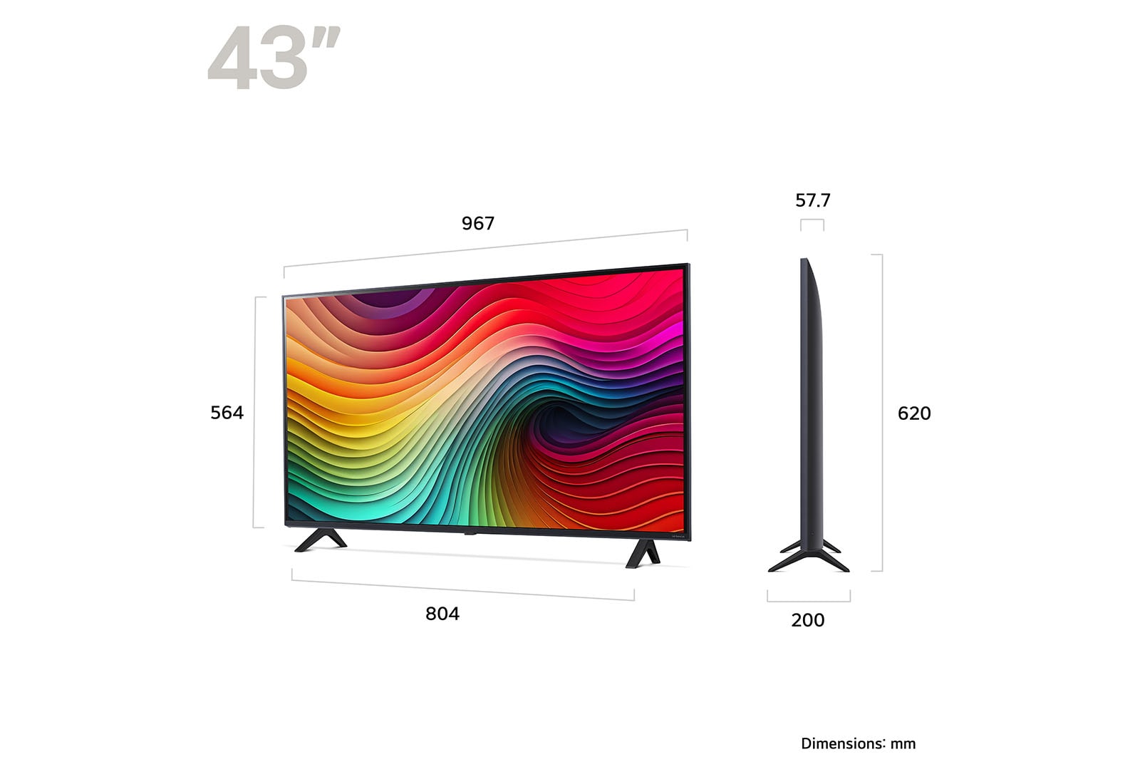 LG 43NANO81T3A televízió méretei mm-ben.