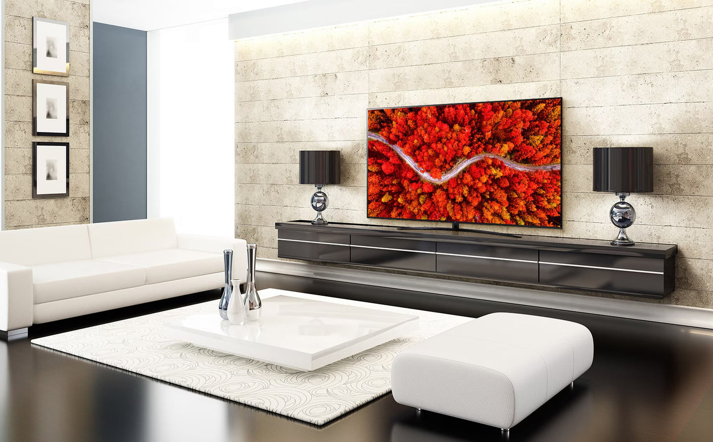 LG 43UP7500 tv egy modern letisztult nappaliban.