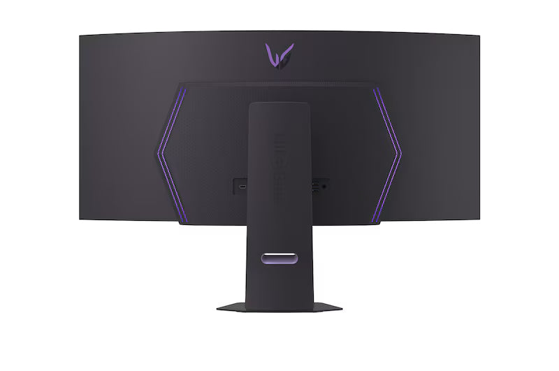 LG 45GX900A-B monitor hátulnézetben talpon, rgb világítás bekapcsolva.