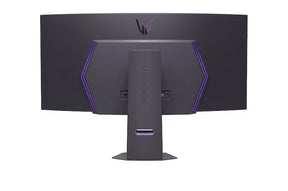 LG 45GX90SA-B monitor hátulnézetben talpon, rgb világítás bekapcsolva.