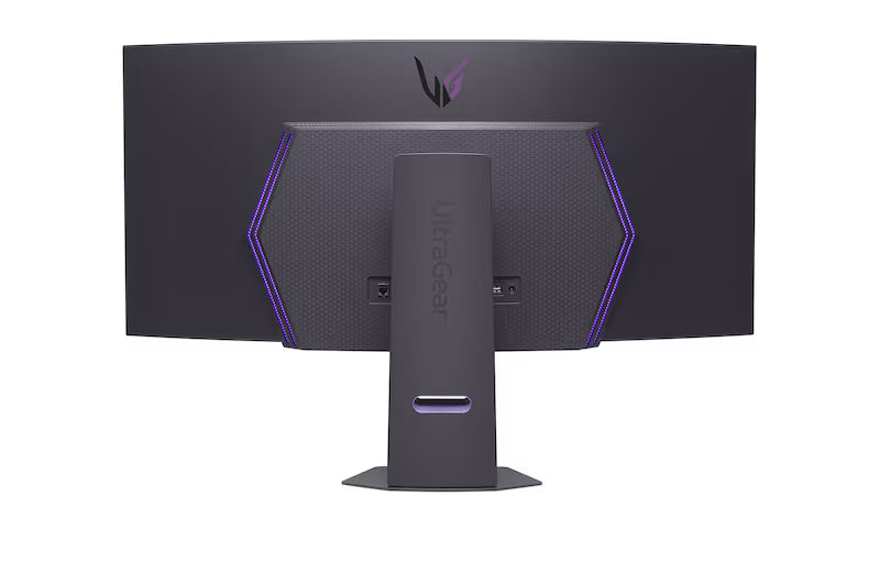 LG 45GX90SA-B monitor hátulnézetben talpon, rgb világítás bekapcsolva.