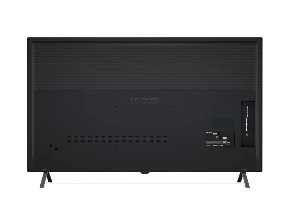 LG 48A2 OLED televízió hátulnézetben talpon.
