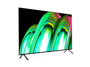LG 48A2 OLED televízió előlnézetben jobbra fordítva talpon, a kijelzőn zöldes rózsaszín absztrakt ábra