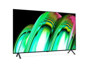 LG 48A2 OLED televízió előlnézetben enyhén jobbra fordítva talpon, a kijelzőn zöldes rózsaszín absztrakt ábra