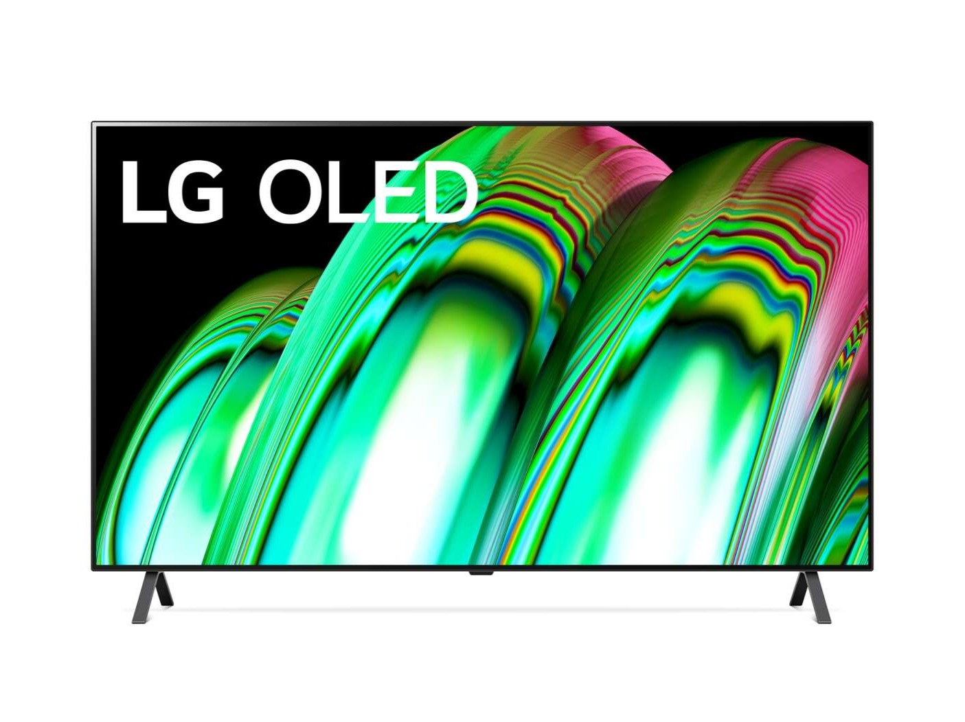 LG 48A2 OLED televízió előlnézetben talpon, a kijelzőn lg oled logó és zöldes rózsaszín absztrakt ábra