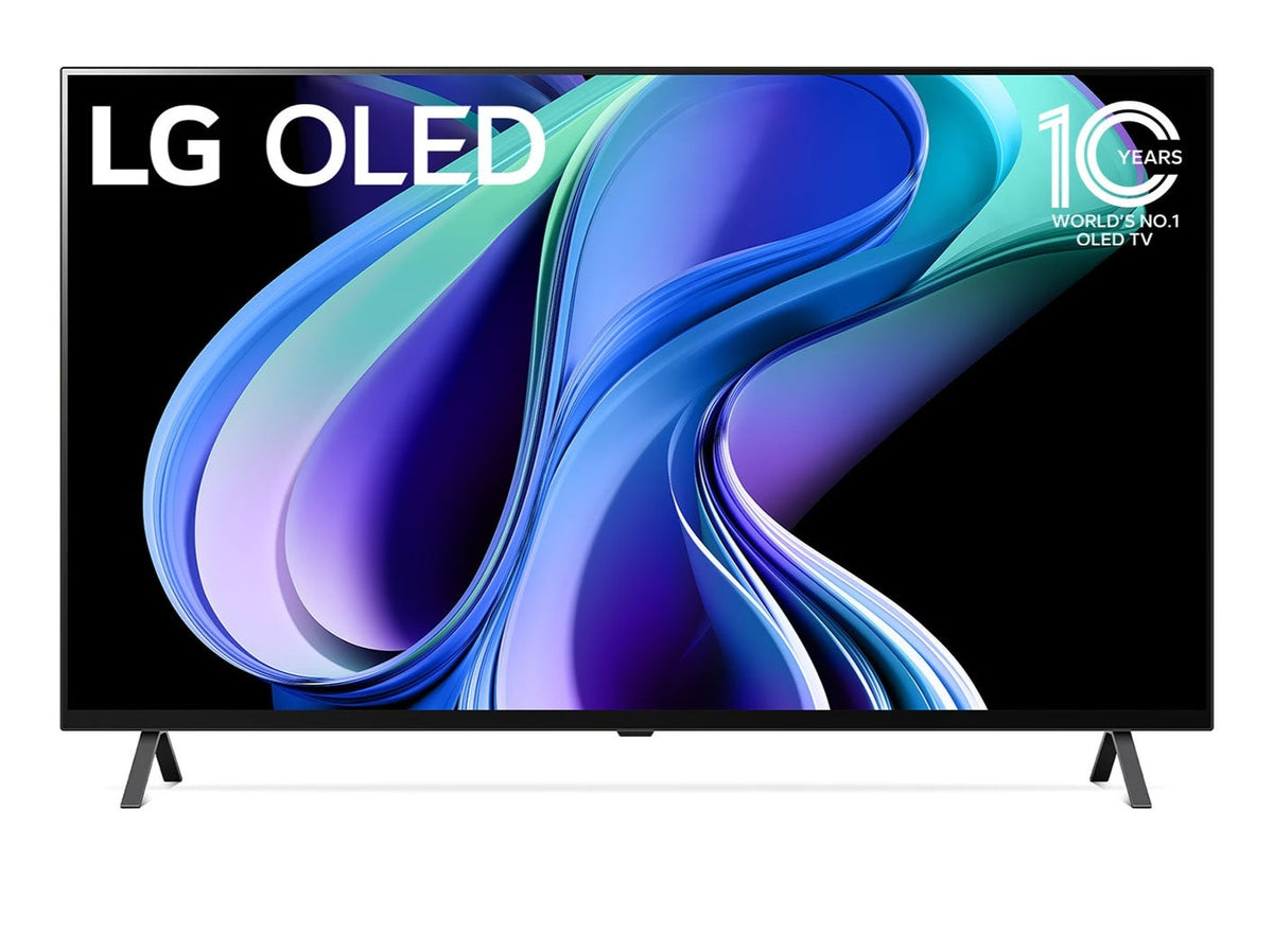 LG 48A3 OLED televízió előlnézetben talpon, a kijelzőn zöldes kék absztrakt ábra, 10 éves az lg oled logó