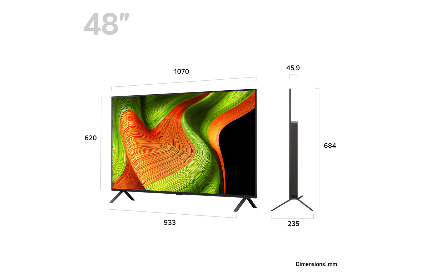 LG 48B5 OLED Televízió méretei mm-ben.
