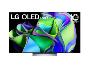 LG 48C3 oled evo televízió talpon előlnézetben, kékes zöld árnyalatú absztrakt ábra és 10 éves az lg oled evo logó a kijelzőn