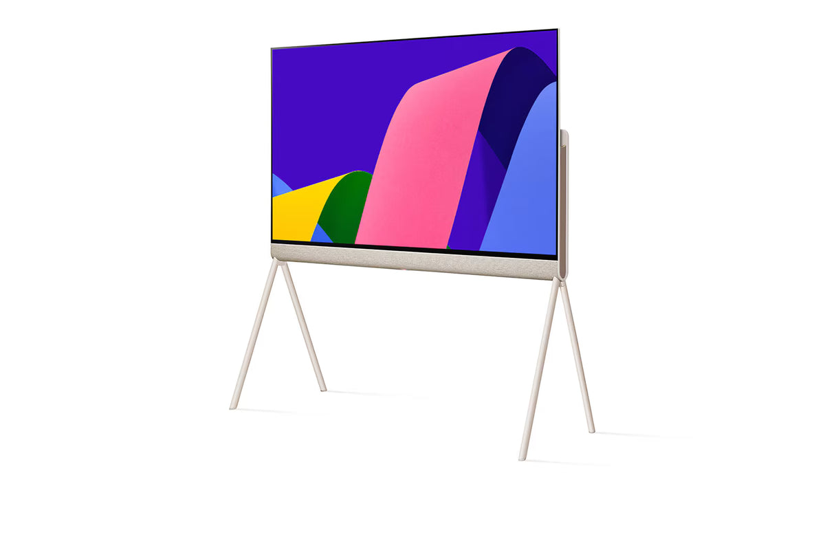 LG 48LX1 OLED televízió előlnézetben, talpon. A kijelzőn művészi rózsaszínes kék művészi ábra.