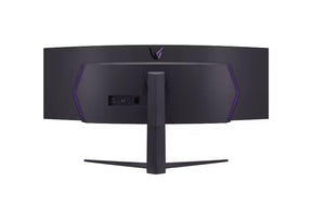 LG 49GR85DC-B Monitor hátulnézetben talpon. RGB világítás bekapcsolva.