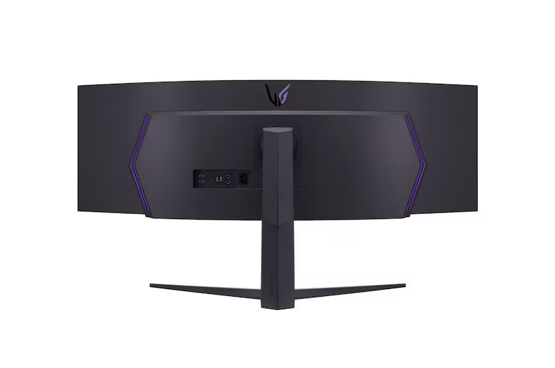 LG 49GR85DC-B Monitor hátulnézetben talpon. RGB világítás bekapcsolva.