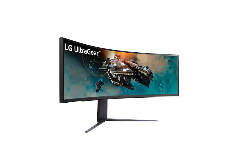 LG 49GR85DC-B Monitor előlnézetben talpon, jobbra fordítva. A kijelzőn LG ultragear logó és űrhajó flotta.