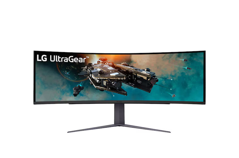 LG 49GR85DC-B Monitor előlnézetben talpona. A kijelzőn LG ultragear logó és űrhajó flotta.