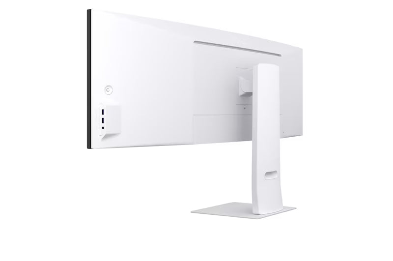 LG 49U950A-W Monitor hátulnézetben balról, talpon.