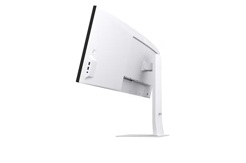 LG 49U950A-W Monitor oldalnézetben, enyhén felfelé nézve, talpon. 