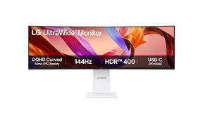 LG 49U950A-W Monitor előlnézetben talpon, enyhén balra fordítva. A kijelzőn főbb paraméterek és színes selyemszalagok a háttérben.