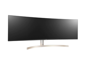 LG 49WL95C-W UltraWide 32:9 monitor előlnézetben talpon, enyhén jobbra fordítva.