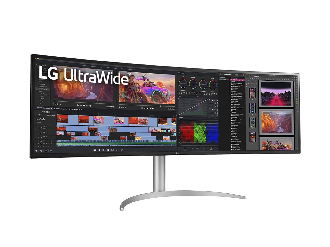LG 49WQ95X-W UltraWide 32:9 monitor előlnézetben talpon, enyhén jobbra fordítva. A kijelzőn videó vágó szoftver pillanatkép.